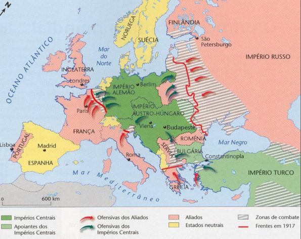 Europa em 1917: Áustria (em verde, como parte do Império Austro-húngaro). Fonte: historianove.webnode.pt