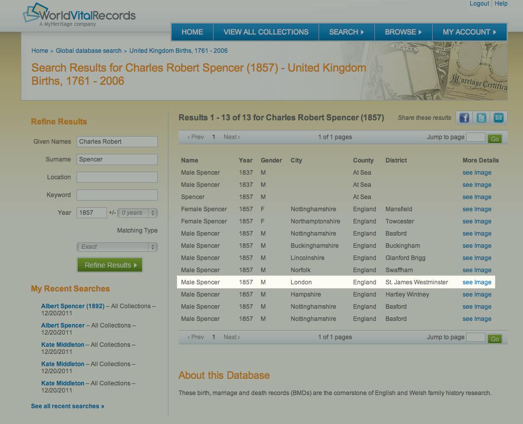 spencer O exemplo do conteúdo de World Vital Records: Transcrição do bisavô de Diana Spencer, (Charles Robert Spencer) em 1857 com a entrada do nascimento no Reino Unido a partir de World Vital Records (clique para ampliar)