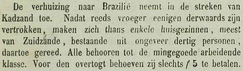 Imagem: krantenbankzeeland.nl Imagem: Artigo de jornal do site krantenbankzeeland.nl, comentando sobre as famílias pobres que imigraram de Cadzand (em Zeeland), pagando apenas 5 florins pela viagem.
