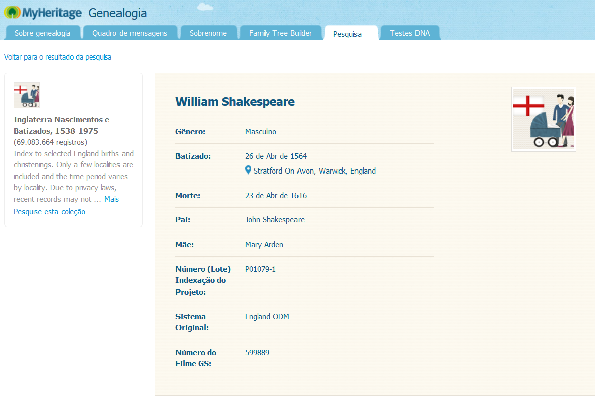 shakespeare Registro de batismo de William Shakespeare. Coleção de Nascimentos e Batismos da Inglaterra entre 1538 e 1975, SuperSearch (clique para ampliar).